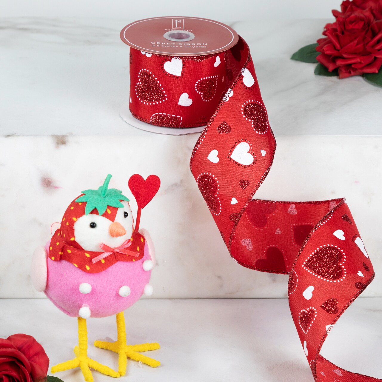 Northlight Glitter Hearts Valentine's Day Wired Craft Ribbon - 2.5" x 10 Yards - Red and White